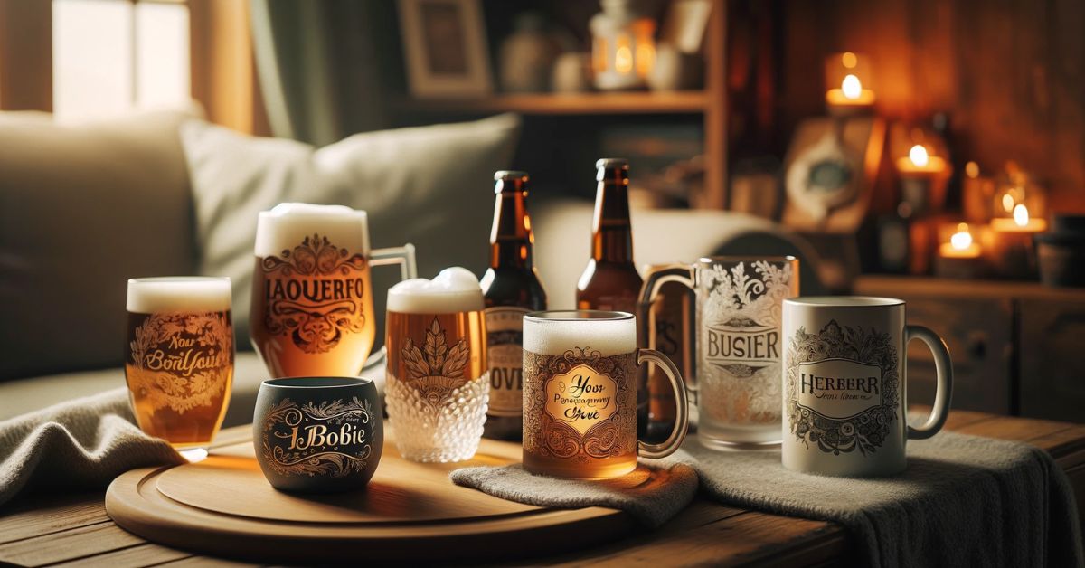 Forskellige typer ølkrus med gravering