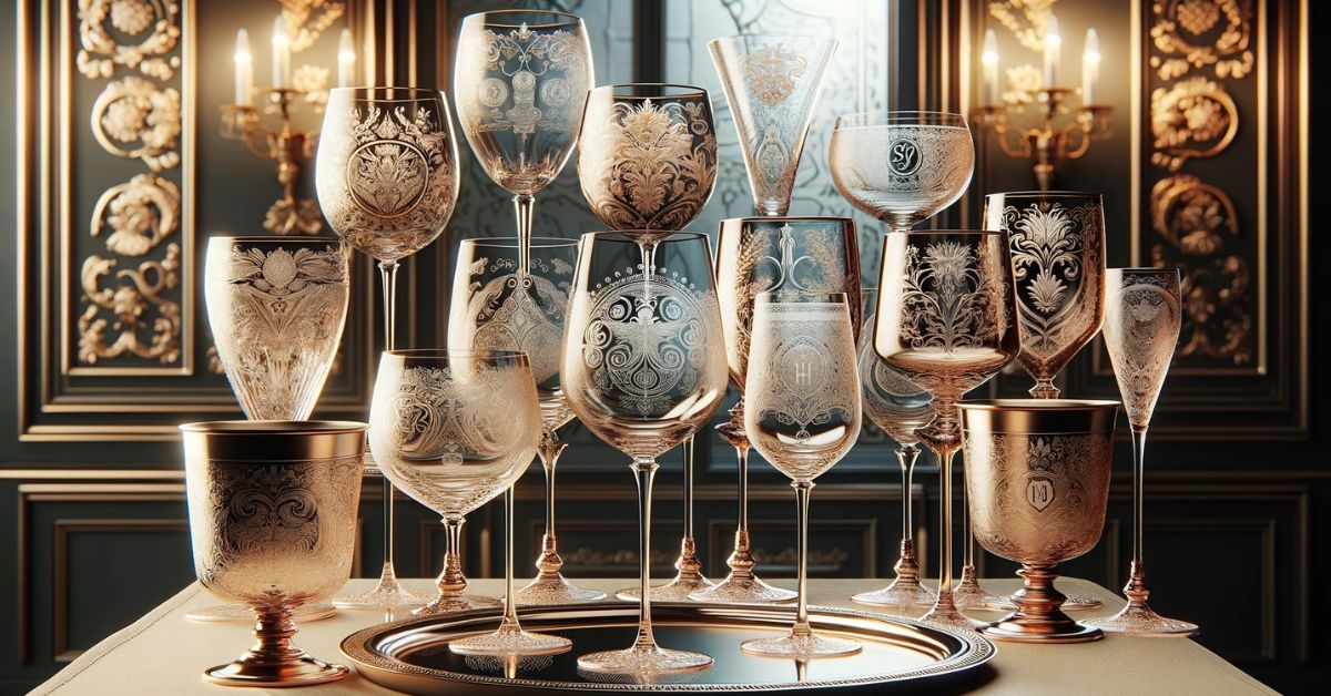 Forskellige typer vinglas med gravering